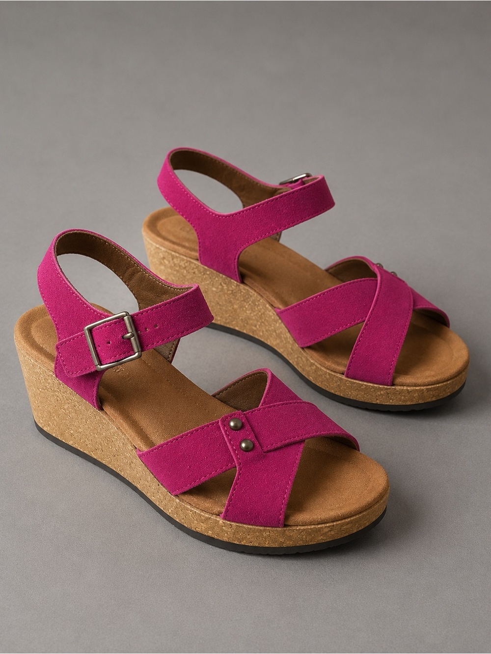 Women's Fuchsia Platform Cork Wedge Sandals - Picture 3 of 5